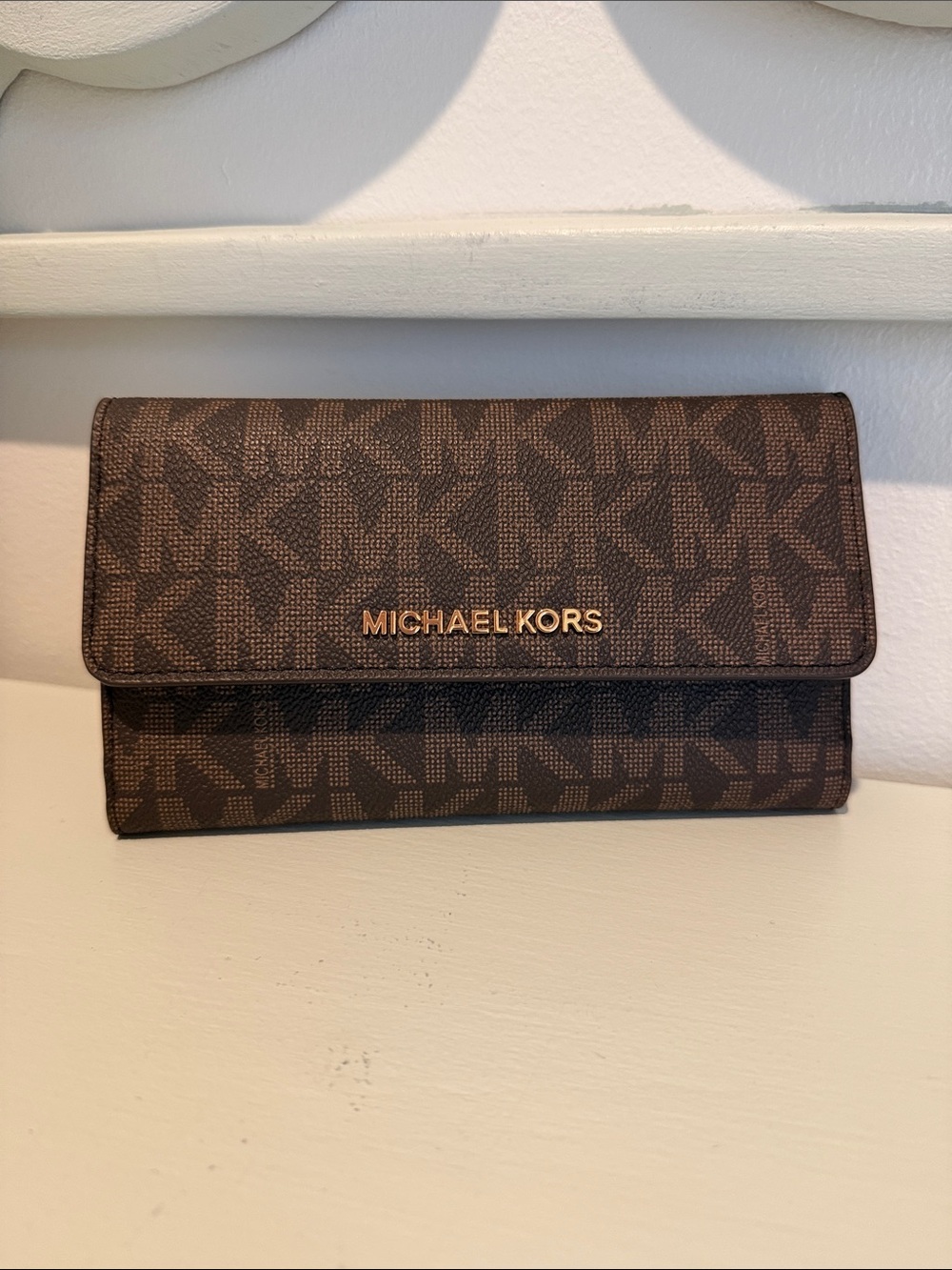 Michael Kors Brown MK Logo Continental Wallet with Gold Logo